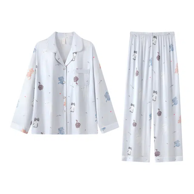 俏韵 翻领卡通猫咪长袖长裤休闲甜美可爱舒适薄款家居服可外穿春秋季睡衣套装 女款