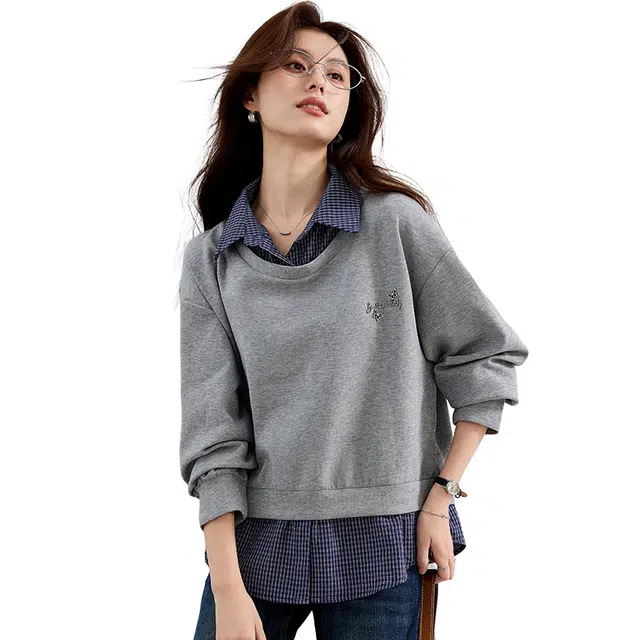 VICTORIA&VERA Plaid Shirt Collar Sweatshirt