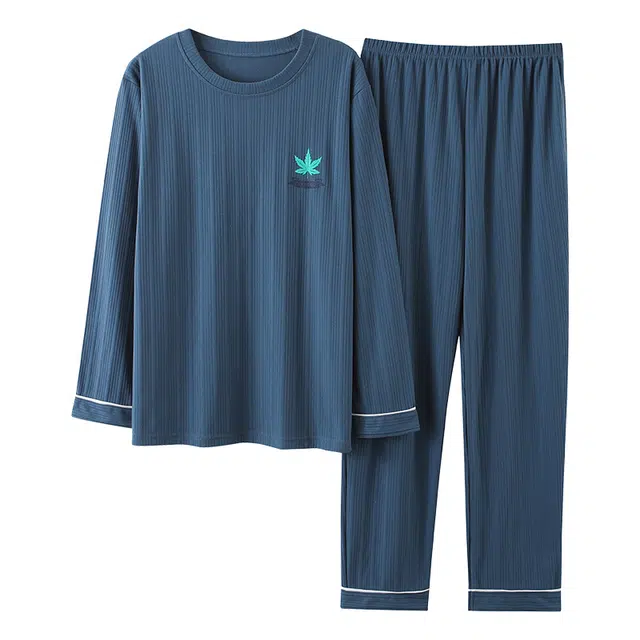 俏佳人 纯色圆领套头基础款休闲舒适亲肤透气可外穿家居服长袖长裤睡衣套装 男款