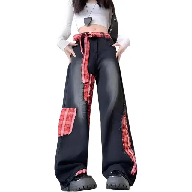 徐百货 美式潮牌复古直筒休闲裤春秋款潮流时尚蝴蝶结格子拼接设计宽松阔腿裤牛仔裤 男女同款