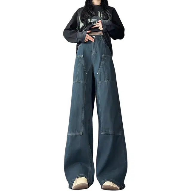 欧迪芬 高腰工装复古春秋直筒拼接阔腿垂感柳钉拖地牛仔裤 男女同款