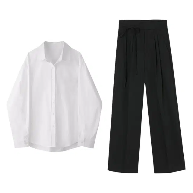 敲模女孩 纯欲风盐系高级感洋气长袖衬衣高腰显瘦遮肉阔图裤休闲套装 女款