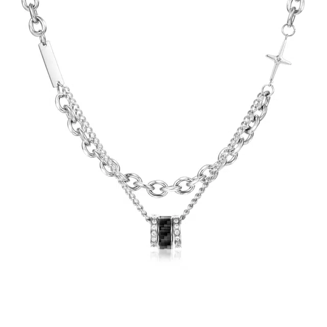 阿葱饰品 欧美嘻哈潮流转运珠双层叠戴拼接古巴链 中性风简约百搭轻奢设计颈饰 痞帅甜酷气质高级精致通勤#好运 钛钢 项链 男女同款情侣款