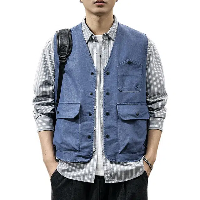 前进牛 美式休闲经典复古潮牌极简工装风男士潮流轻奢高端轻商务城市机能宽松重磅坎肩工装马甲 男款