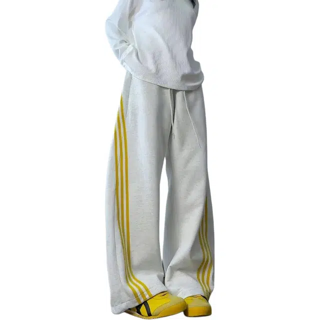 北欧攻略 美式复古学院风秋冬慵懒条纹弯刀卫裤宽松大码运动裤松弛感百搭直筒休闲裤 男女同款