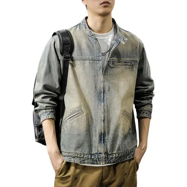 前进牛 秋季美式复古街头黄泥染重磅水洗短款夹克男机能风潮流嘻哈立领外穿秋冬休闲男牛仔外套 男款