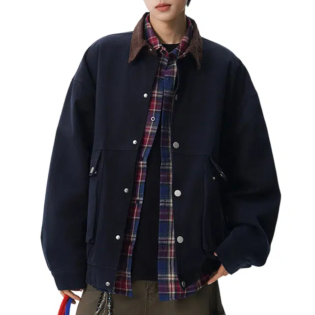 冈哉 纯色大口袋铆钉拼接美式复古高街高级感时尚潮流百搭宽松休闲日常通勤夹克外套 男女同款