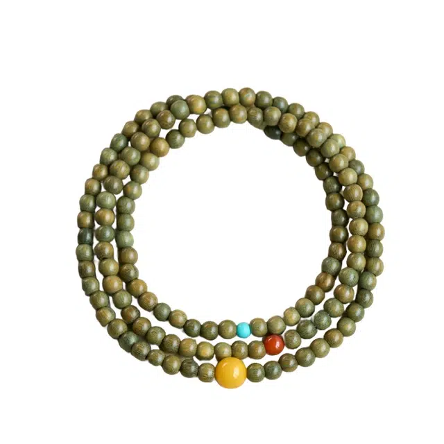 仙园韵 自然檀木属性五行喜木头饰品檀香新中式国风三圈纳福#好运 绿檀 手串 女款