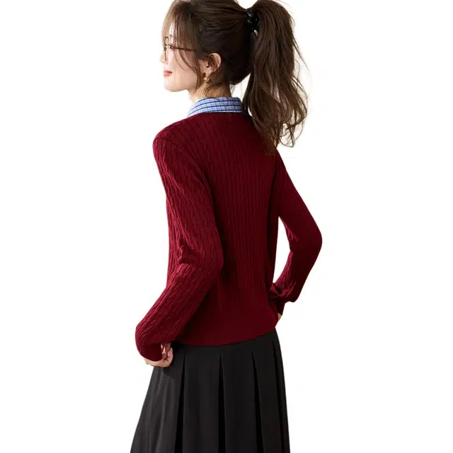 沫晗依美 假两件含羊毛混肌理绞花拼色条纹常规长袖翻领休闲针织衫 女款