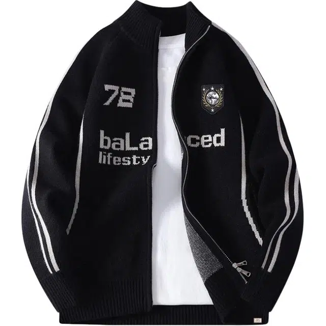 北欧攻略 球服风美式复古重磅半高领开衫毛衣拉链外套潮牌宽松秋冬季慵懒针织衫 男女同款