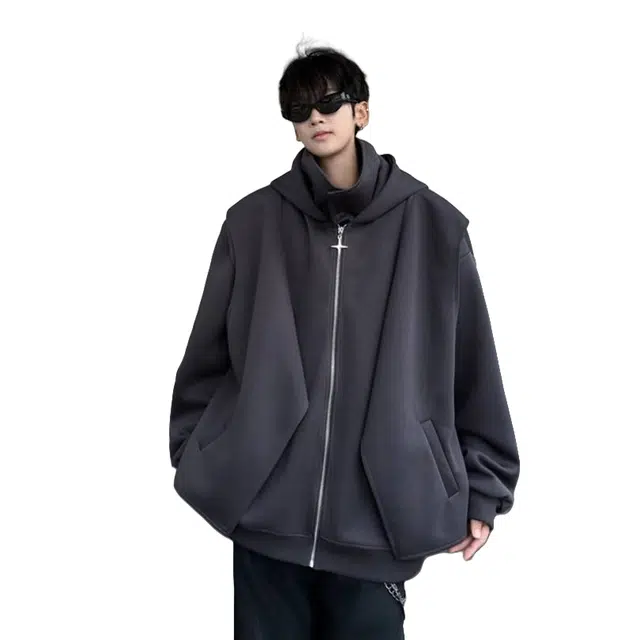 悍戈 美式机能风假两件大帽子开衫秋冬高级感外套卫衣 男女同款