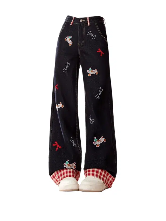 小卷要加油 美式拼接卷边腊肠狗女卡通春季设计感阔腿直筒显瘦长裤子潮牛仔裤 女款