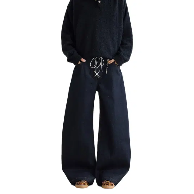 加荣 美式高街弯刀牛仔裤男款宽松绑带设计阔腿裤男秋季拖地裤褶皱休闲男裤春秋百搭日常可系皮带豹纹深色基础款男士长裤 男女同款