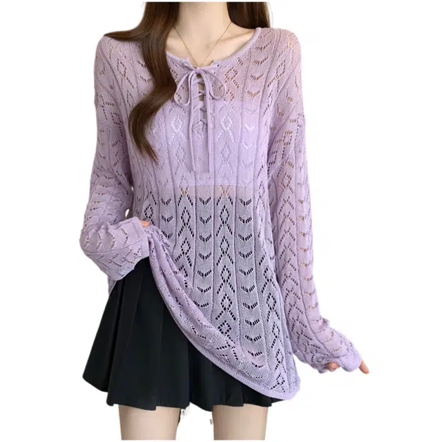 荟萃阁 复古镂空宽松显瘦慵懒风长袖套头上衣针织衫 女款