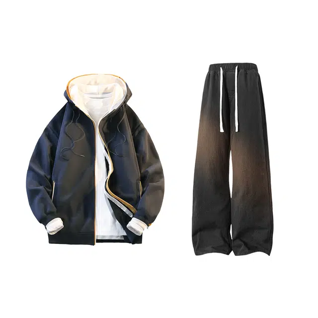 【拼色连帽开衫牛仔裤一套】布客行 撞色拉链高街休闲风大码宽松落肩保暖运动外套抽绳松紧腰水洗做旧港风简约百搭长裤卫衣套装 男女同款