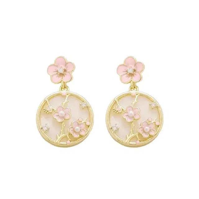 彤彤兔 新中式国风花朵粉色耳环女优雅古风气质耳饰品 合金 耳钉 女款