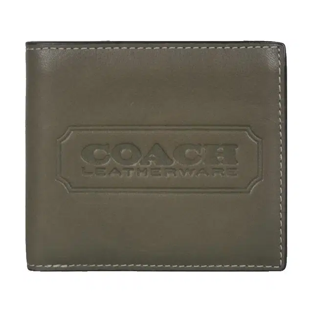 COACH 10 Logo Embossed Leather Bi-Fold Wallet Military Green