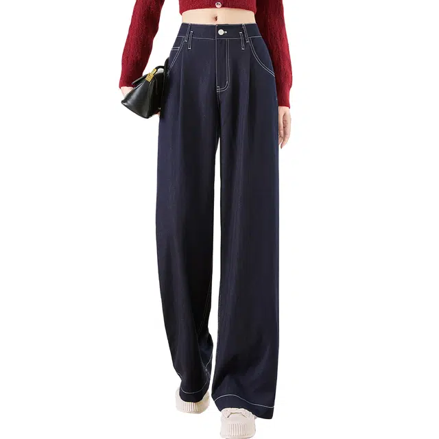 她池 通勤简约宽松款纯色高腰垂感长款阔腿休闲裤 女款