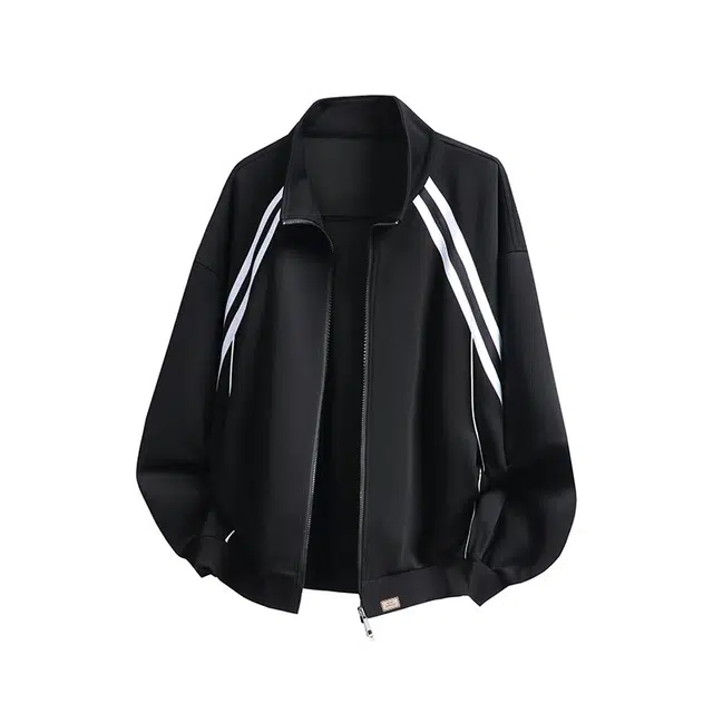 北欧攻略 秋冬重磅高品质学院风条纹拼接外套拉链开衫美式高级感休闲运动宽松大码显瘦立领卫衣 男女同款