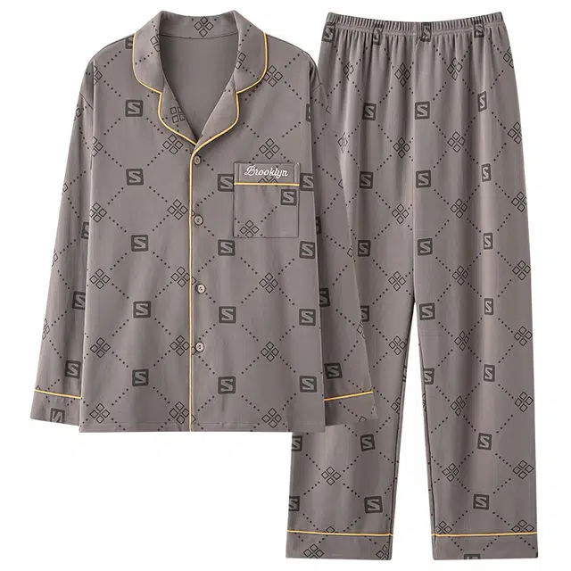 芬腾可安 春秋季家居服翻领显瘦简约经典外出可穿睡衣套装 男款