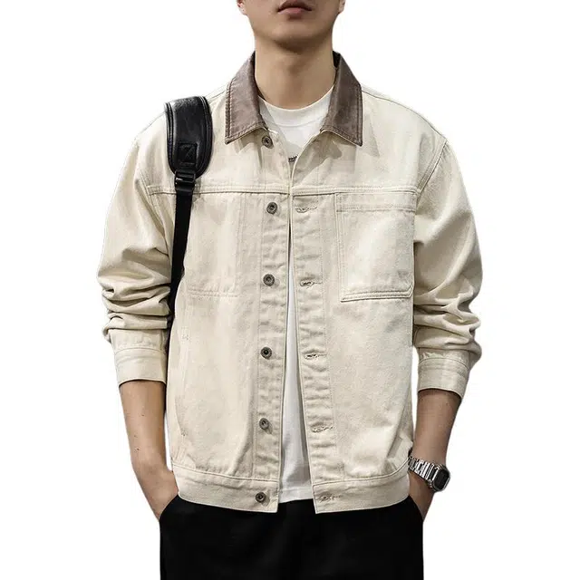 前进牛 美式经典撞色潮牌复古运动学院风翻领潮流雅痞轻奢高端工装重磅水洗纯棉上衣牛仔外套 男款