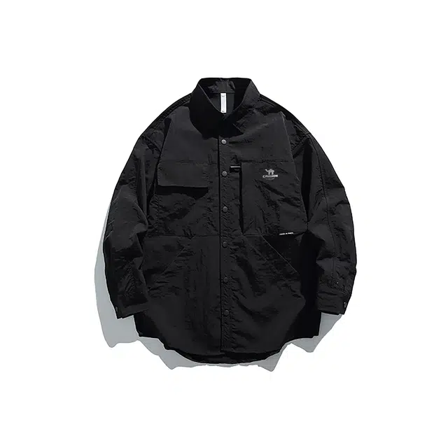 领航骆驼 时尚街头复古纯色字母印花单排扣翻领长袖开衫潮牌日常休闲宽松简约百搭舒适小众设计感上衣无性别主义衬衫 男女同款