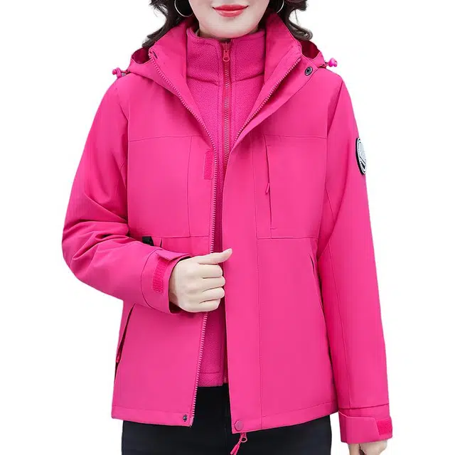 缪斯的诱惑 山系户外登山服可拆卸加厚内胆宽松连帽三合一防泼水防风聚温保暖防寒耐磨冲锋上衣简约休闲时尚纯色百搭软壳衣立领夹克外套 女款