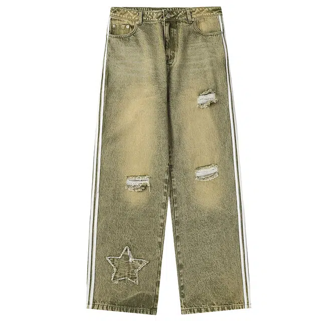 极限涡轮 美式复古高街潮流破洞做旧痞帅宽松休闲百搭设计感直筒长裤牛仔裤 男女同款