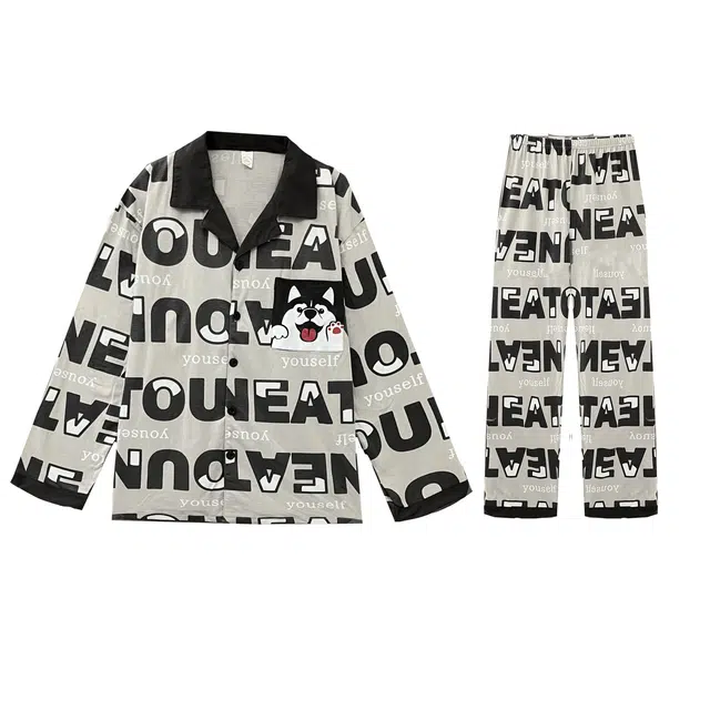 俏霓桐 大学生青少年可爱狗狗卡通时尚长袖长裤舒适纯棉亲肤可外穿休闲家居服秋季秋冬款睡衣套装 男款