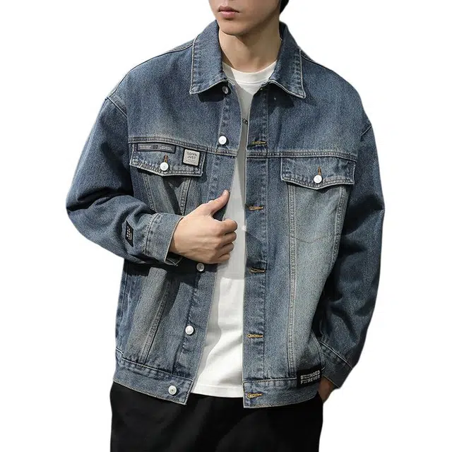 前进牛 美式休闲经典潮牌痞帅高街复古水洗工装潮流工装风宽松大码高级感休闲翻领牛仔外套 男款