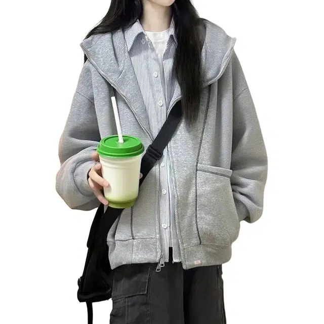 北欧攻略 美式复古分割线条连帽开衫拉链外套秋冬高级感宽松大码显瘦慵懒风休闲卫衣 男女同款
