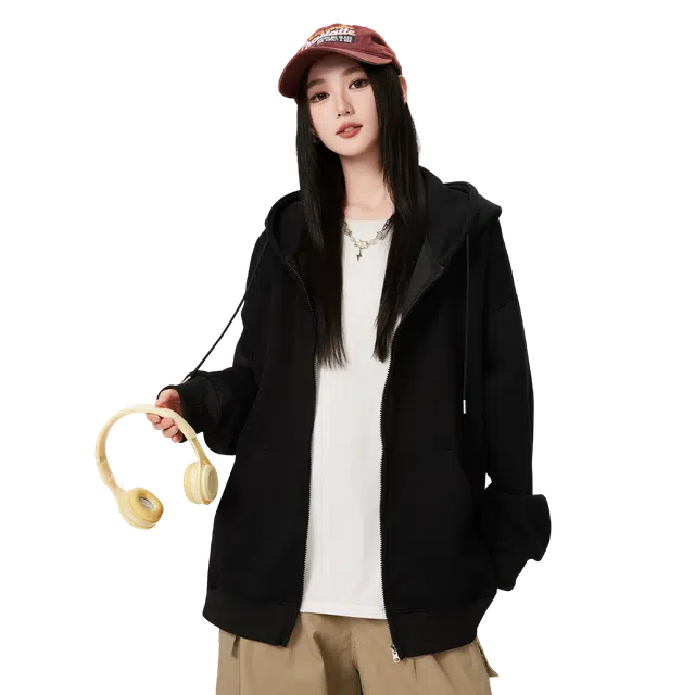 加菲猫家族 美式复古纯色简约基础款学院风百搭宽松无性别通勤日常舒适连帽拉链长袖开衫卫衣 男女同款