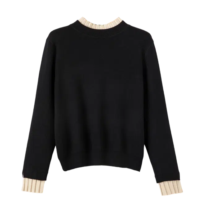 晚白 假两件休闲内搭外穿撞色花边领百搭显瘦针织衫 女款