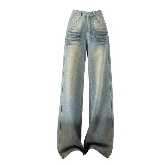 花蔓色 美式复古浅色阔腿女高街设计感宽松垂感高腰直筒拖地裤牛仔裤 女款