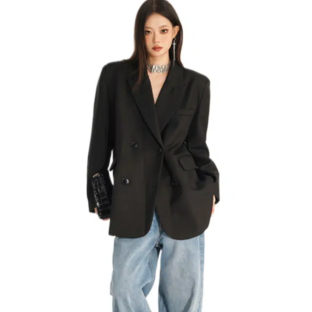 兰缪 休闲风格高级气质双排扣经典戗驳领长袖宽松复古女外套西装 女款