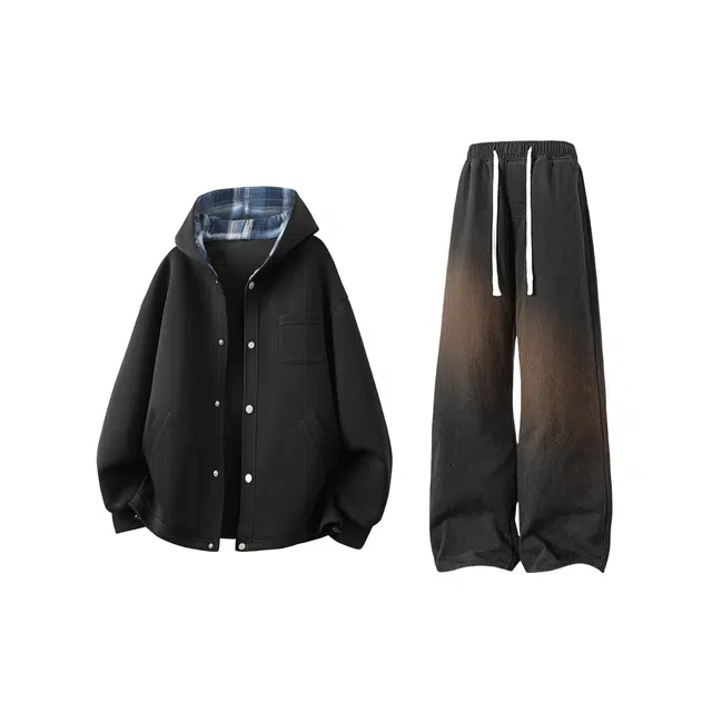 【格纹拼色开衫牛仔裤一套】布客行 重磅高街极简风基础单排扣百搭长袖外套抽绳松紧腰口水洗复古做旧港风简约长裤卫衣套装 男女同款