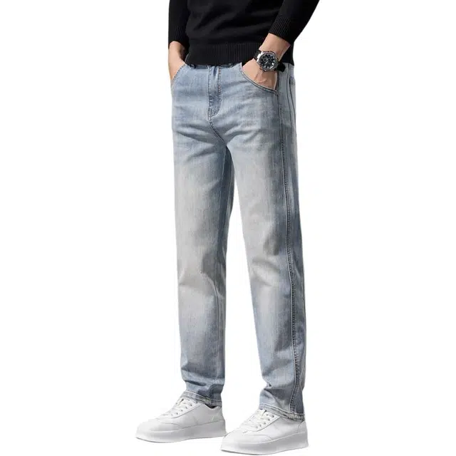 潮人榜 秋冬款高端潮牌舒适弹力长裤子男士美式潮流时尚宽松直筒轻商务高级感牛仔裤 男款