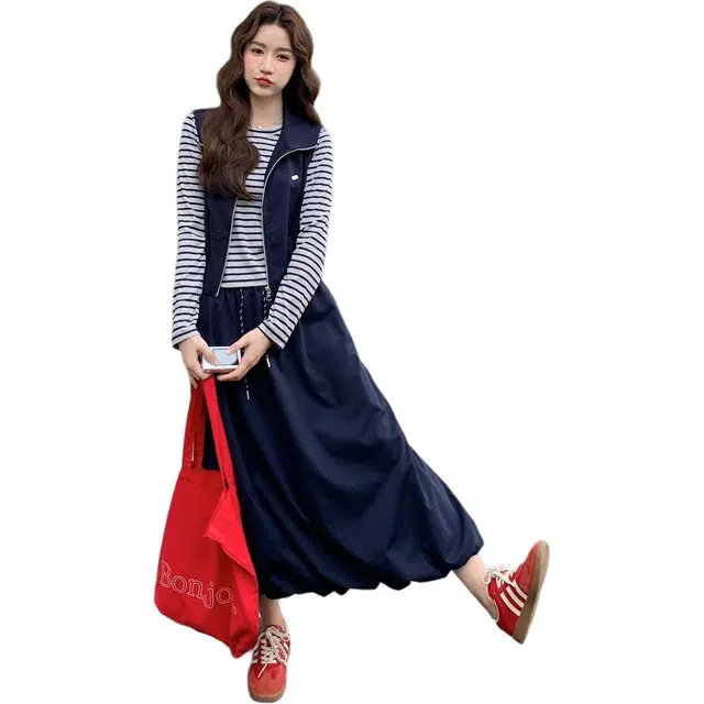 稻草人 时尚宽松韩系休闲针织衫灯笼裙马夹三件套装 女款