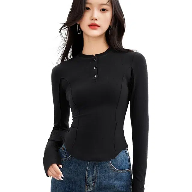 莫代尔 修身暗扣打底衫长袖百搭柔软针织衫 女款