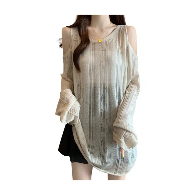 荟萃阁 漏肩薄款宽松慵懒风肌理感长袖上衣针织衫 女款