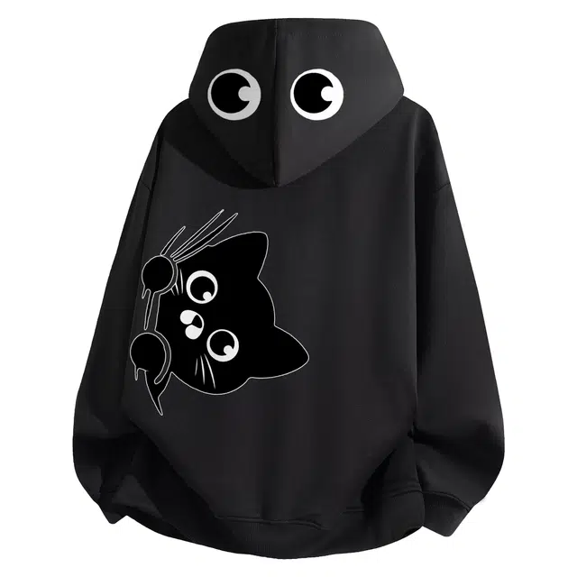 阿凡迪 美式高街潮流创意设计小猫咪探头品牌字母涂鸦个性猫耳印花重磅落肩宽松舒适连帽套头日常通勤经典百搭长袖卫衣 男女同款