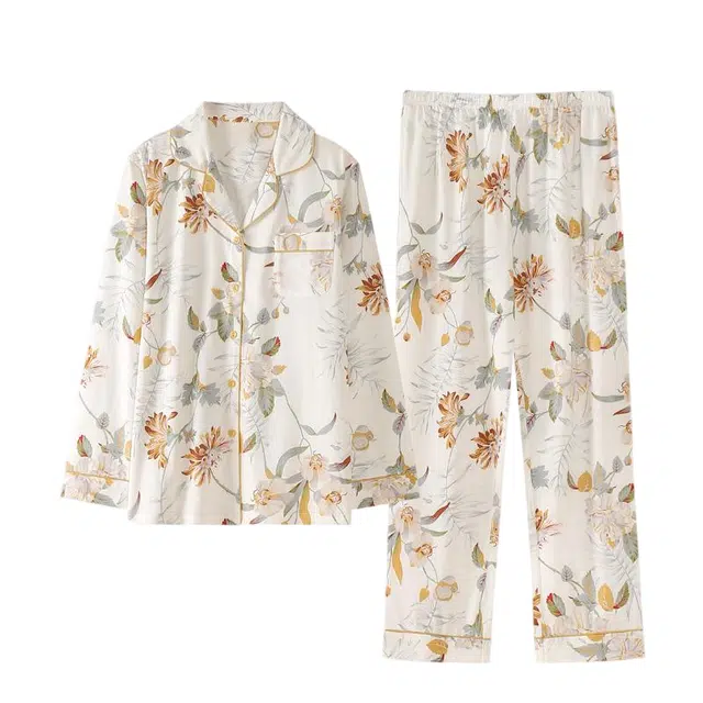 潞优野 高端品质春秋款纯棉长袖家居服全棉薄款中年妈妈睡衣套装 女款