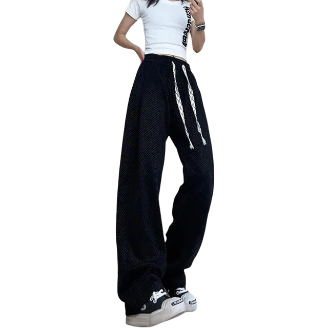 一碗士多 美式复古小众百搭简约纯色抽绳垂感拖地肌理感斜纹理直筒阔腿个性时尚痞帅日常通勤户外活动休闲裤 男女同款