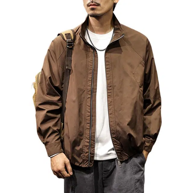 路杰邦 美式复古工装外套男秋季宽松立领休闲咖色防风机车潮牌夹克 男款