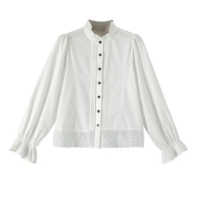晚白 花边袖法式半高领镂空拼接衬衫 女款