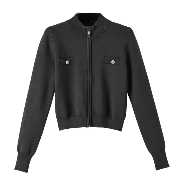 晚白 时尚简约气质上衣休闲百搭立领拉链针织衫 女款