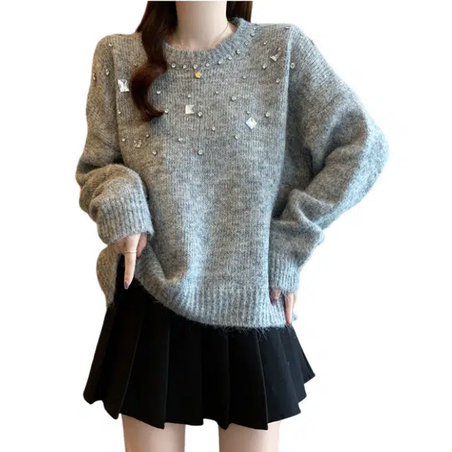 荟萃阁 重工钉珠亮片针宽松复古慵懒风显瘦针织衫 女款