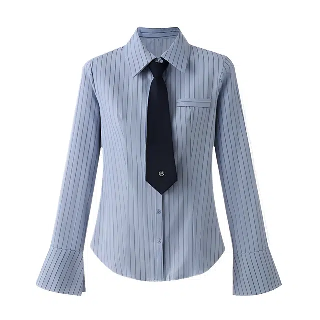 荟萃阁 条纹学院风衬衣内搭打底配领带上衣衬衫 女款