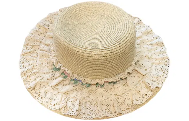 优幽兰 法式洛丽塔花朵蕾丝边草帽女时尚百搭高级感大帽檐平顶礼帽海边沙滩出游遮阳帽甜美 纤维素材料 防晒帽 女款