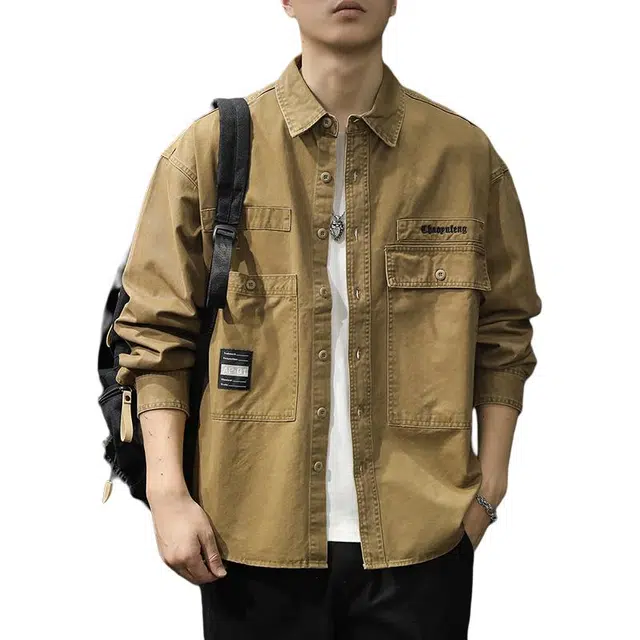 前进牛 秋季美式休闲经典复古潮牌长袖衬衫潮流宽松痞帅休闲牛仔外套 男款